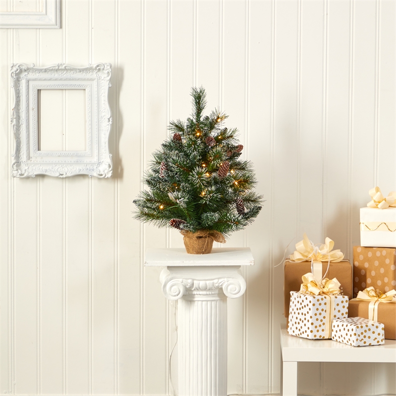 Nearly Natural 2ft Frosted Pine Christmas Tree w/ 35 Clear LED Lights