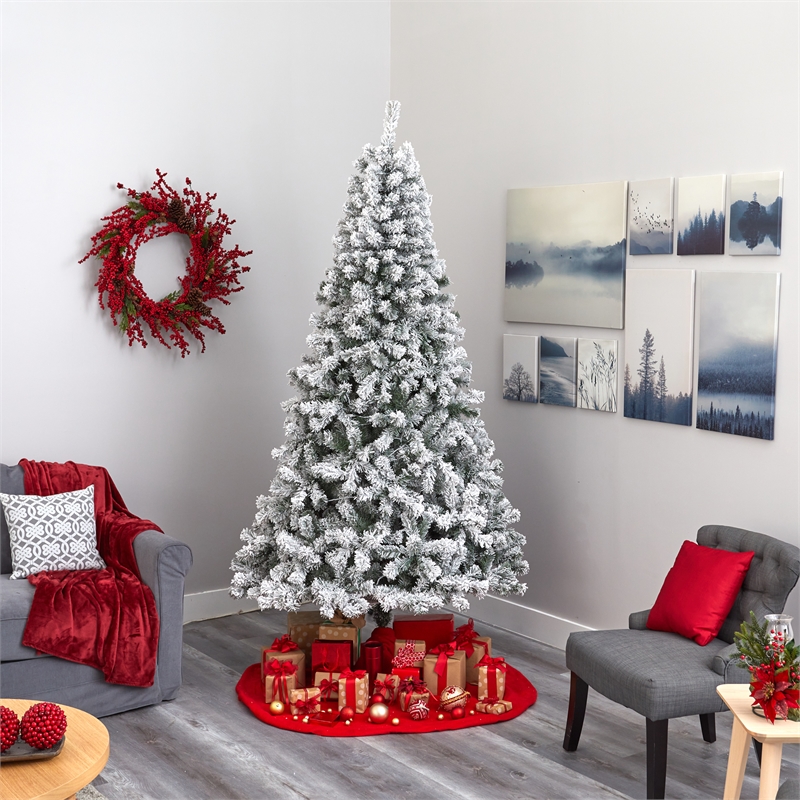 Nearly Natural 8ft Flocked West Virginia Fir Artificial Green Christmas Tree