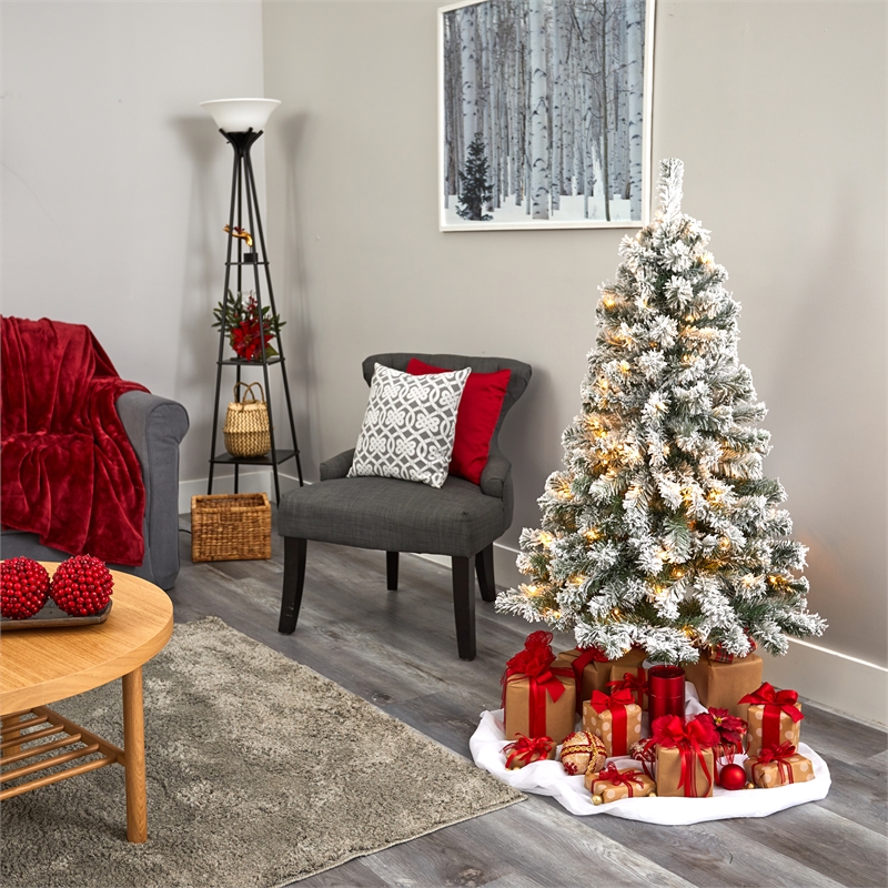 Nearly Natural 4ft Flocked West Virginia Fir Christmas Tree w/ 100 Clear LED