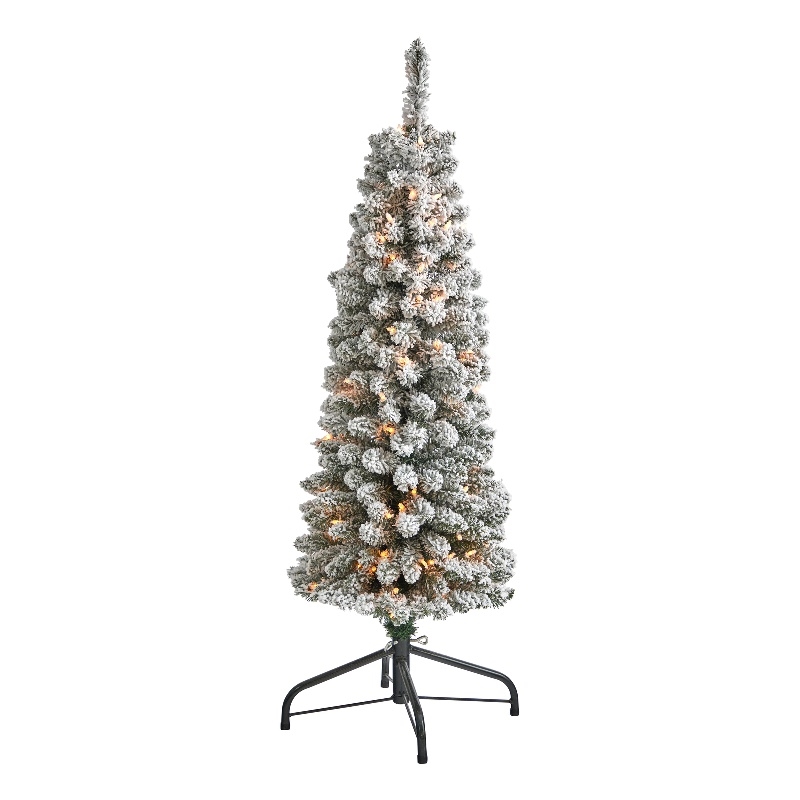 Nearly Natural 4ft Flocked Pencil Christmas Tree with 100 Clear Lights in White