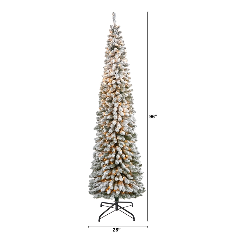 Nearly Natural 8ft Flocked Pencil Christmas Tree with 500 Clear Lights in White