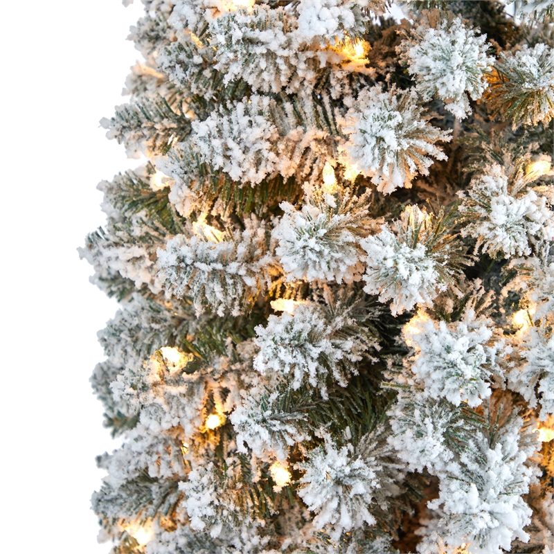 Nearly Natural 8ft Flocked Pencil Christmas Tree with 500 Clear Lights in White