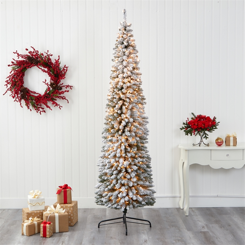 Nearly Natural 8ft Flocked Pencil Christmas Tree with 500 Clear Lights in White