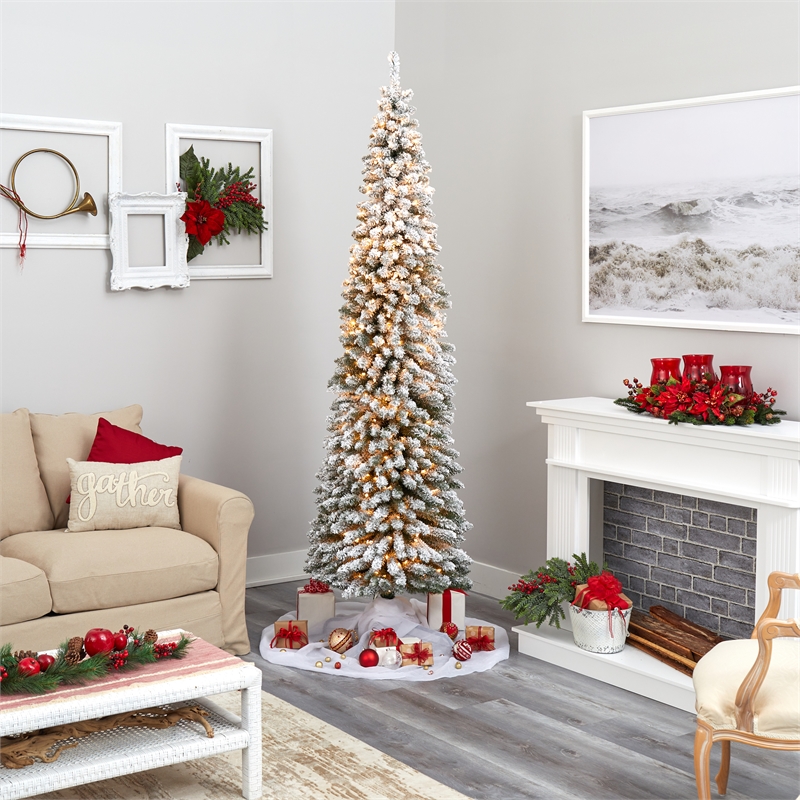 Nearly Natural 8ft Flocked Pencil Christmas Tree with 500 Clear Lights in White