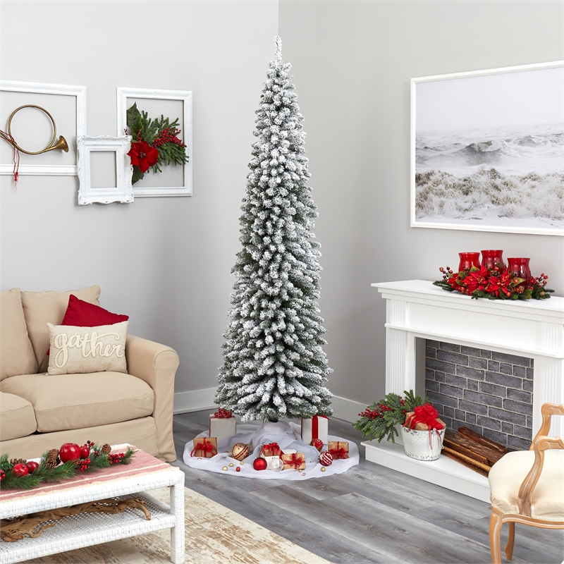 Nearly Natural 8ft Flocked Pencil Christmas Tree with 500 Clear Lights in White
