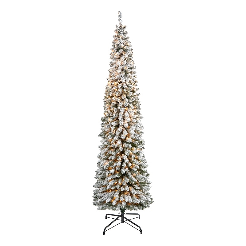 Nearly Natural 8ft Flocked Pencil Christmas Tree with 500 Clear Lights in White