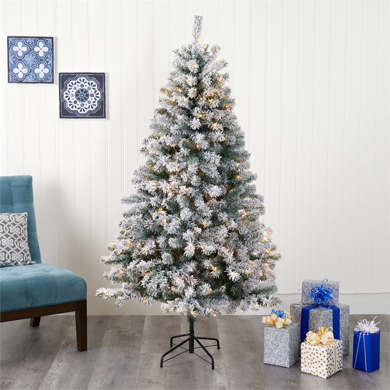 Nearly Natural 6ft Flocked Rock Springs Spruce Christmas Tree w/ 250 Clear LED