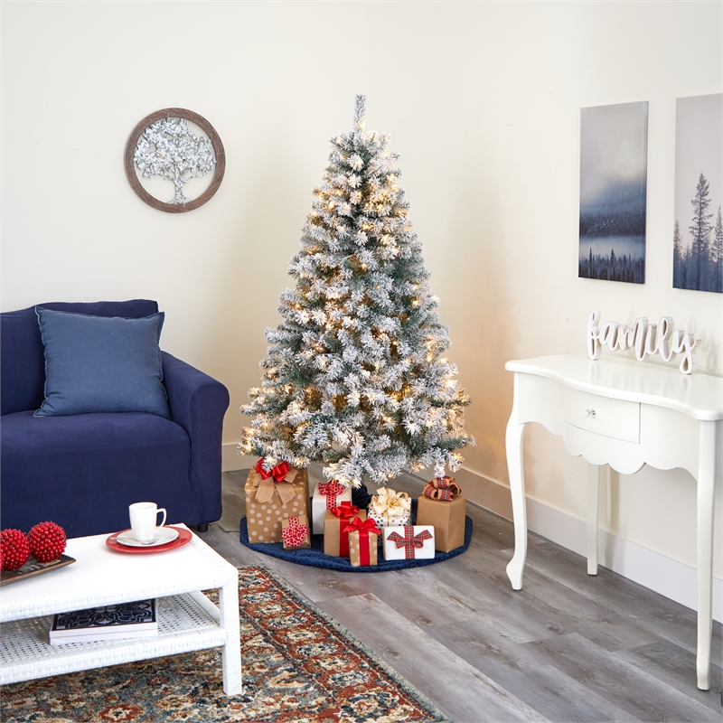Nearly Natural 6ft Flocked Rock Springs Spruce Christmas Tree w/ 250 Clear LED