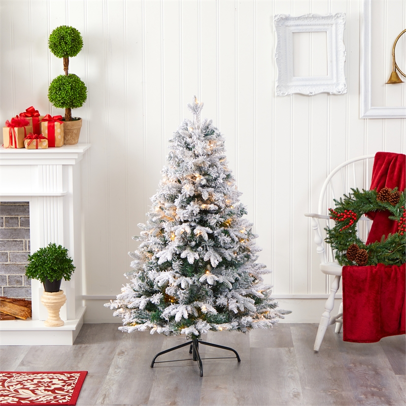 Nearly Natural 4ft Flocked Vermont Mixed Pine Christmas Tree w/ 100 Clear LED