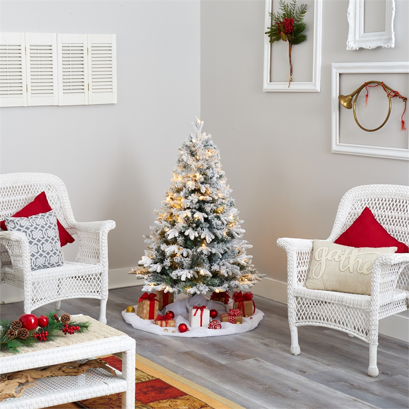Nearly Natural 4ft Flocked Vermont Mixed Pine Christmas Tree w/ 100 Clear LED