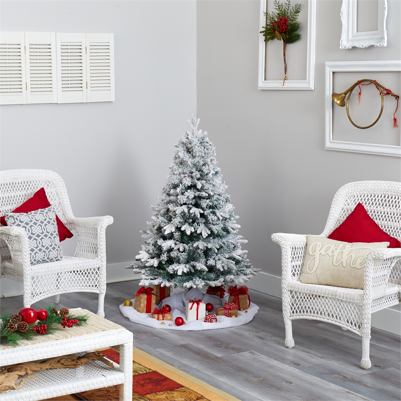 Nearly Natural 4ft Flocked Vermont Mixed Pine Christmas Tree w/ 100 Clear LED