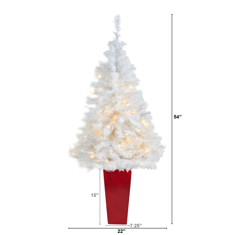 Nearly Natural 4.5ft White Christmas Tree w/ 100 Clear LED Lights in Red Planter