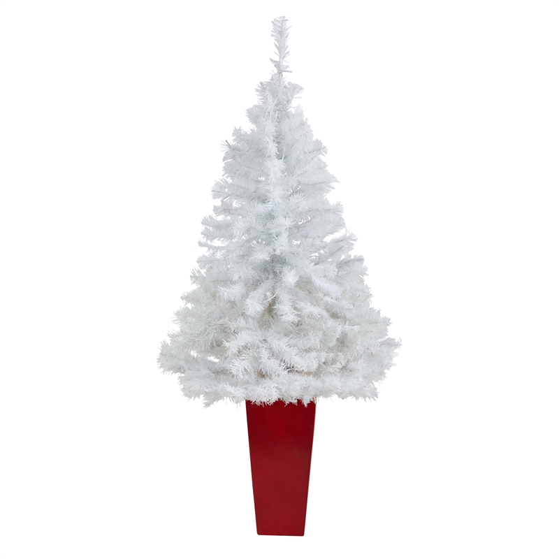 Nearly Natural 4.5ft White Christmas Tree w/ 100 Clear LED Lights in Red Planter