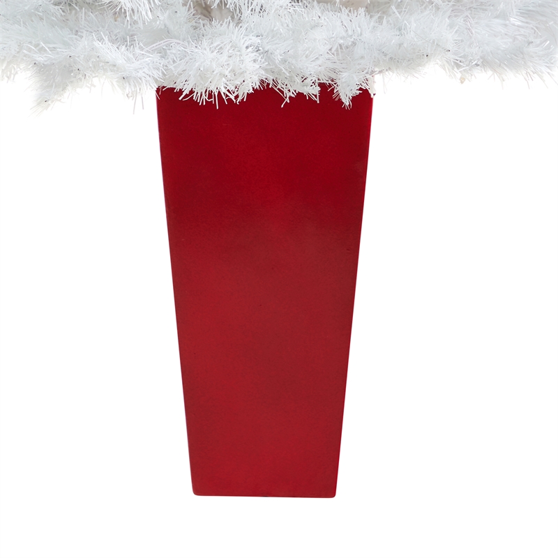 Nearly Natural 4.5ft White Christmas Tree w/ 100 Clear LED Lights in Red Planter