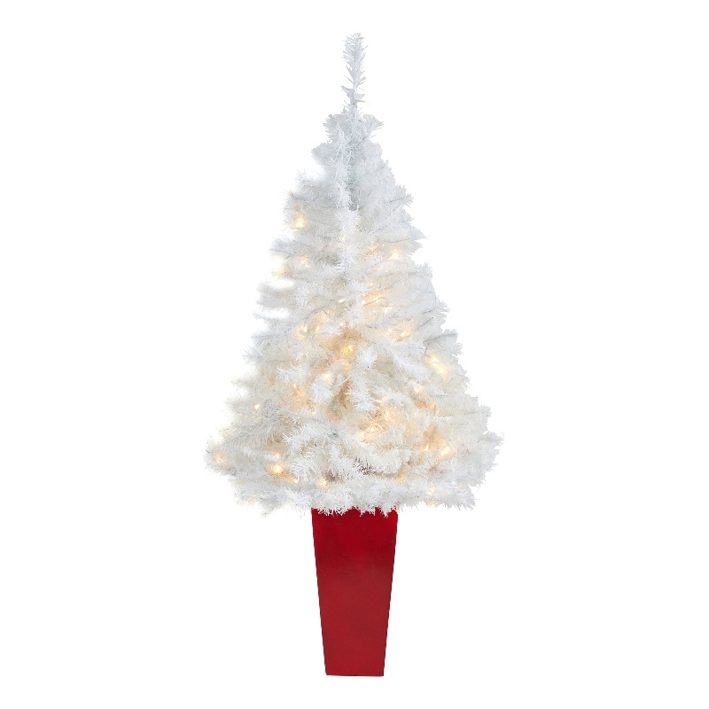 Nearly Natural 4.5ft White Christmas Tree w/ 100 Clear LED Lights in Red Planter