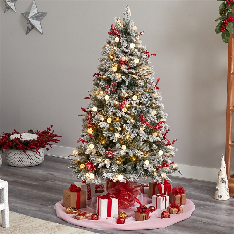 Nearly Natural 6ft Snow Tipped Norwegian Fir Pre-Lit Christmas Tree w/ 200 LED