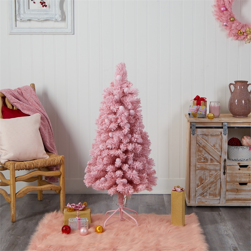 Nearly Natural 4ft Holiday Frosted Pink Cashmere Christmas Tree in Pink