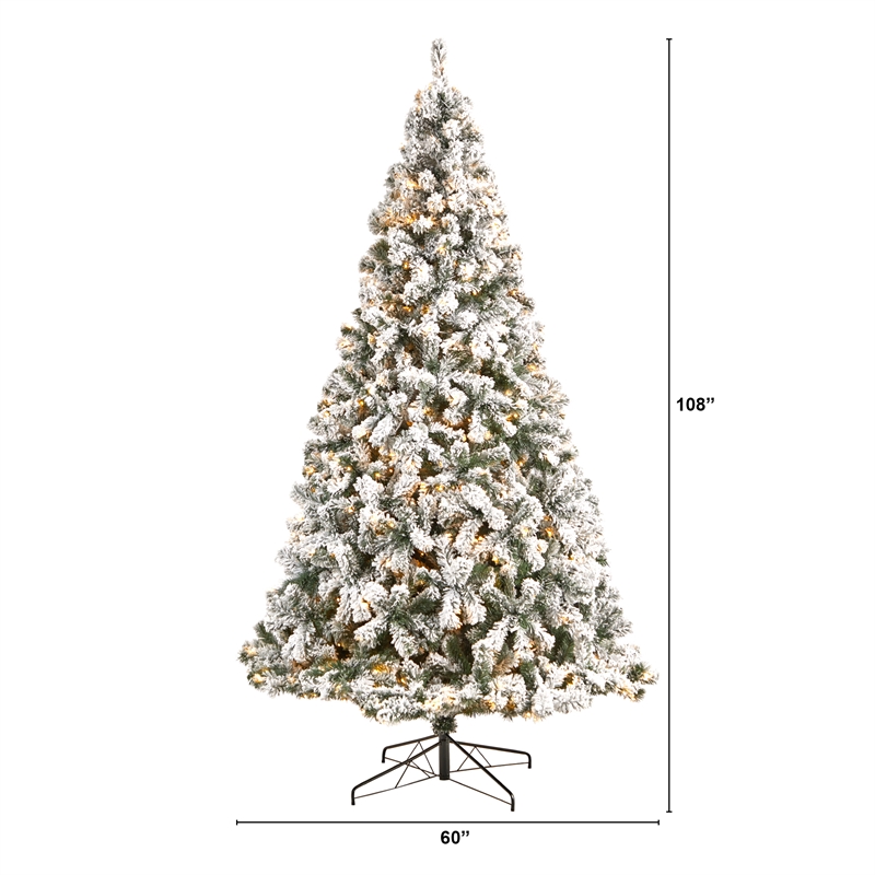 Nearly Natural 9ft Flocked West Virginia Fir Christmas Tree w/ 650 Clear LED