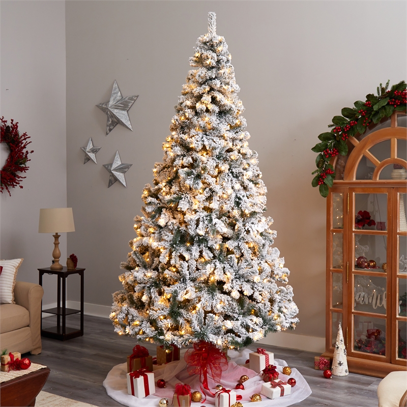 Nearly Natural 9ft Flocked West Virginia Fir Christmas Tree w/ 650 Clear LED
