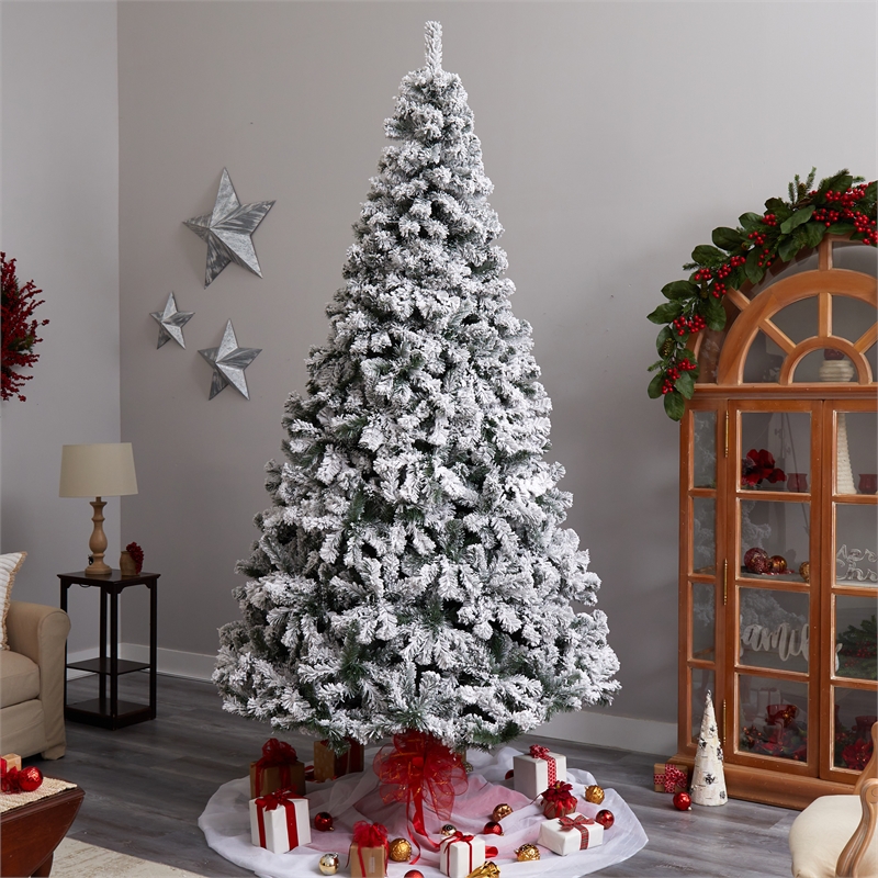 Nearly Natural 9ft Flocked West Virginia Fir Christmas Tree w/ 650 Clear LED