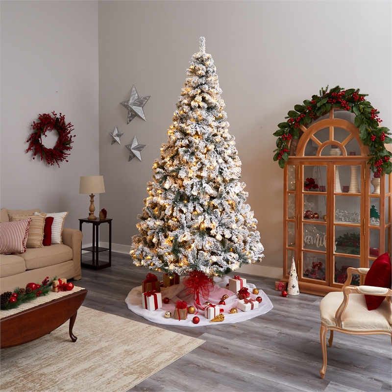 Nearly Natural 9ft Flocked West Virginia Fir Christmas Tree w/ 650 Clear LED