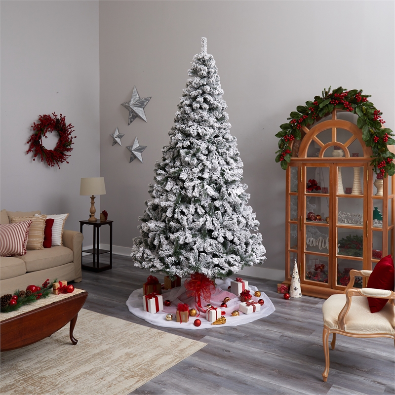 Nearly Natural 9ft Flocked West Virginia Fir Christmas Tree w/ 650 Clear LED
