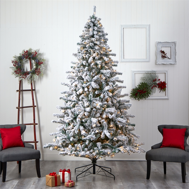 Nearly Natural 9ft Flocked Rock Springs Spruce Christmas Tree w/ 650 LED Lights