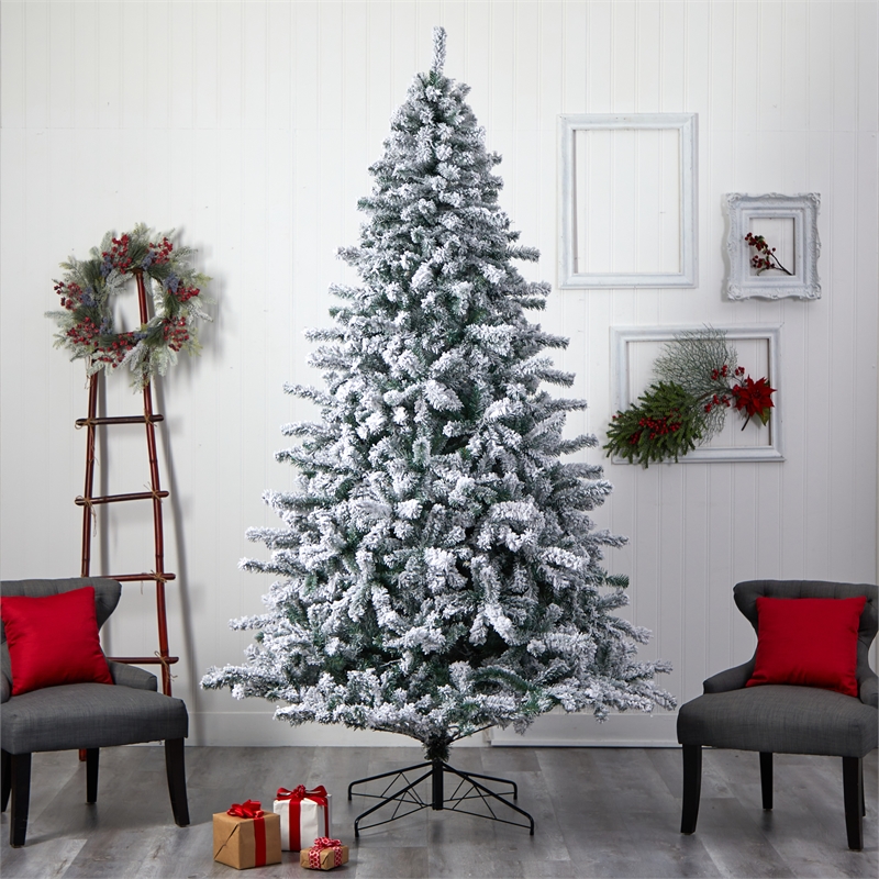 Nearly Natural 9ft Flocked Rock Springs Spruce Christmas Tree w/ 650 LED Lights