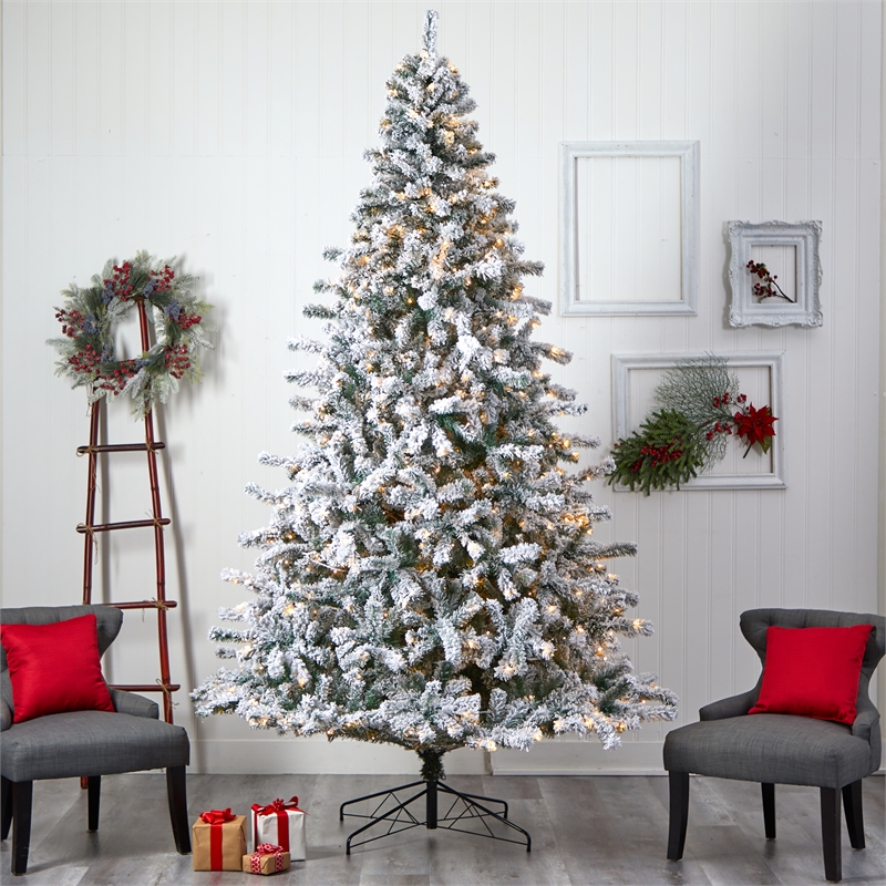 Nearly Natural 10ft Flocked Rock Springs Spruce Christmas Tree w/ 800 LED Lights