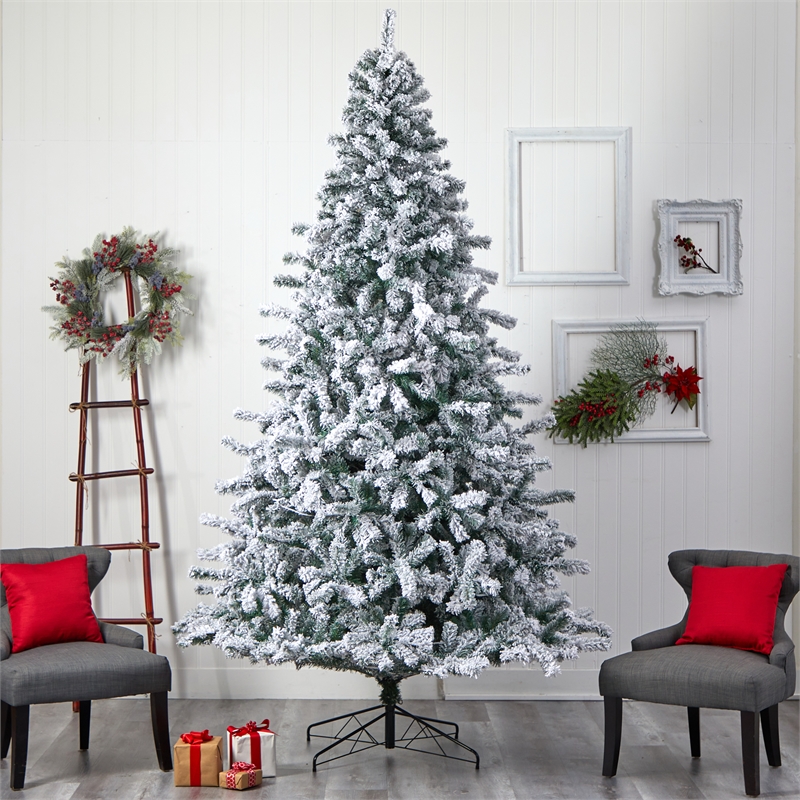 Nearly Natural 10ft Flocked Rock Springs Spruce Christmas Tree w/ 800 LED Lights