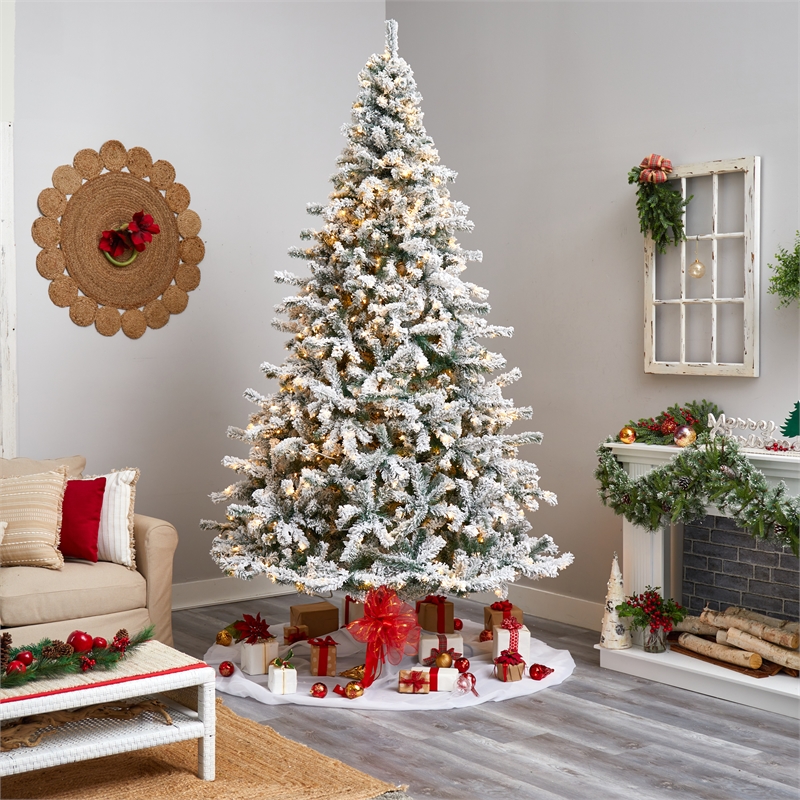 Nearly Natural 10ft Flocked Rock Springs Spruce Christmas Tree w/ 800 LED Lights