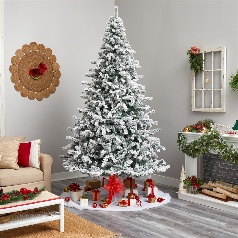 Nearly Natural 10ft Flocked Rock Springs Spruce Christmas Tree w/ 800 LED Lights