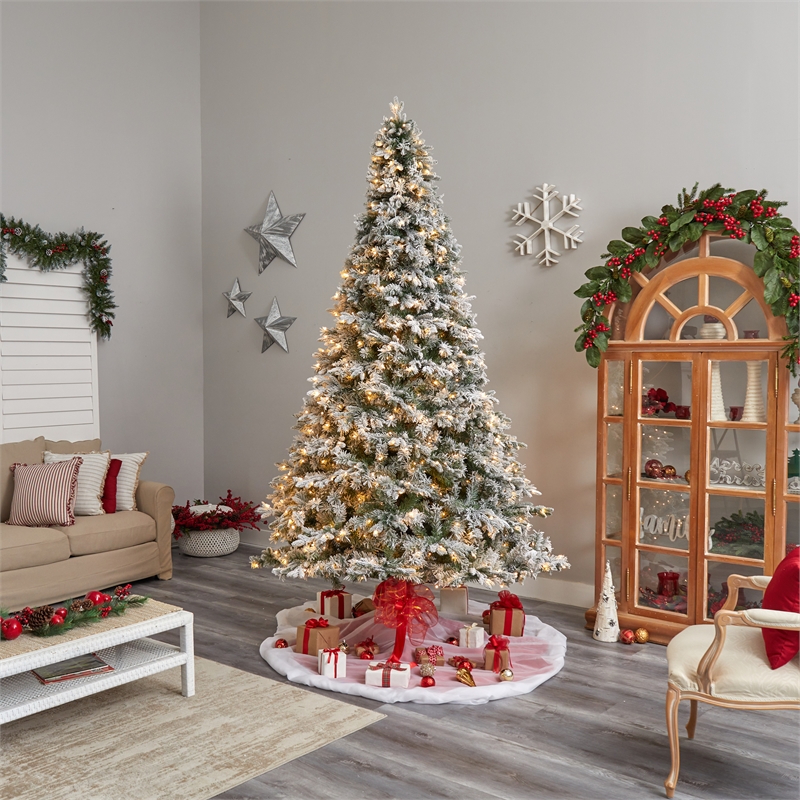 Nearly Natural 10ft Flocked Vermont Mixed Pine Christmas Tree w/ 800 LED Lights
