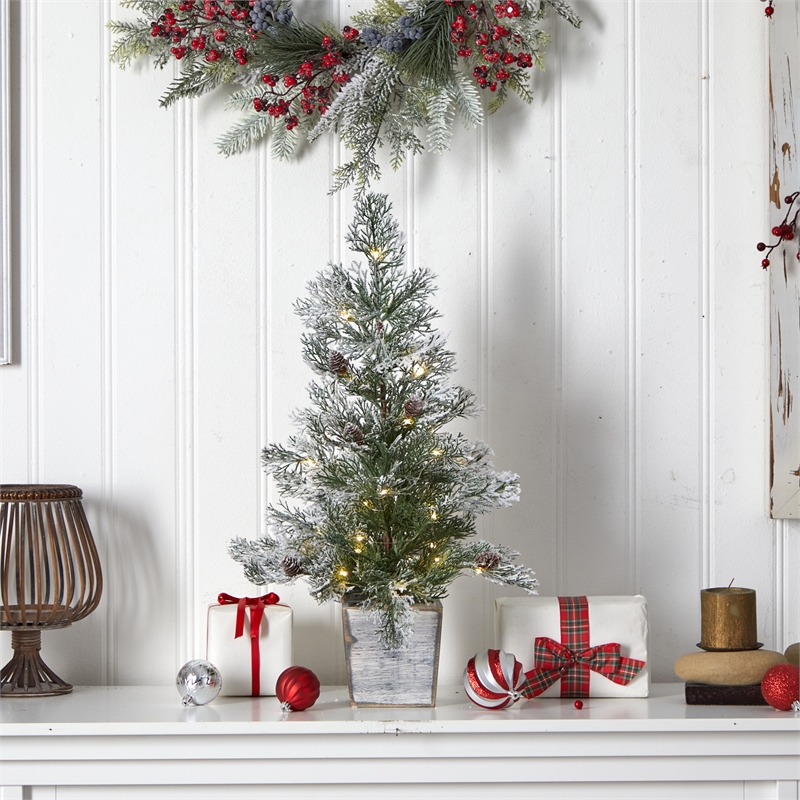 Nearly Natural 2ft Frosted Pre-Lit Green Christmas Tree w/ Pinecones in Planter