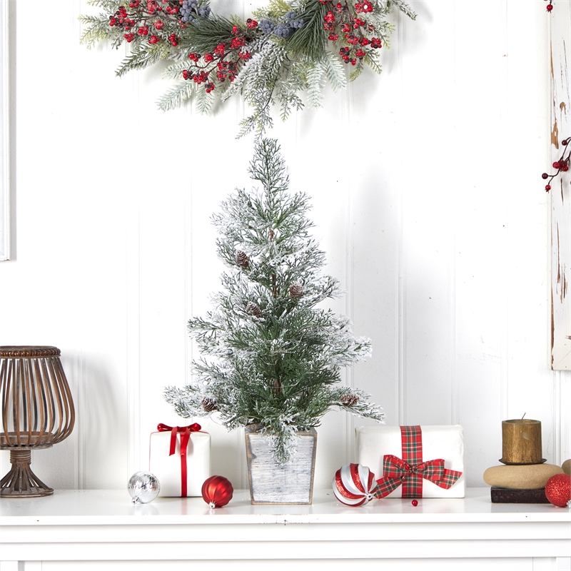 Nearly Natural 2ft Frosted Pre-Lit Green Christmas Tree w/ Pinecones in Planter