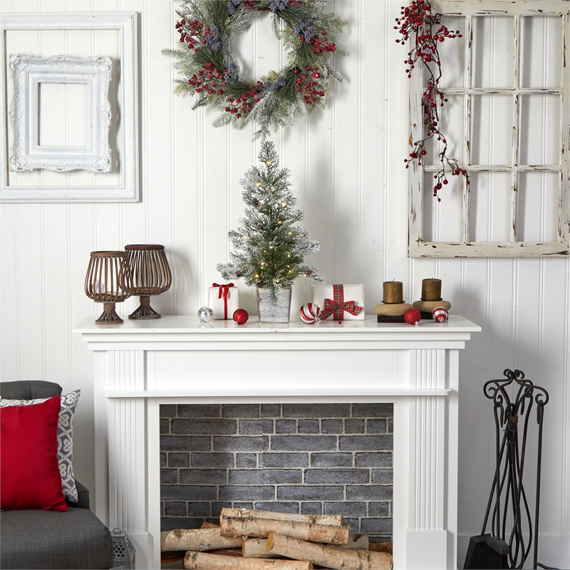 Nearly Natural 2ft Frosted Pre-Lit Green Christmas Tree w/ Pinecones in Planter