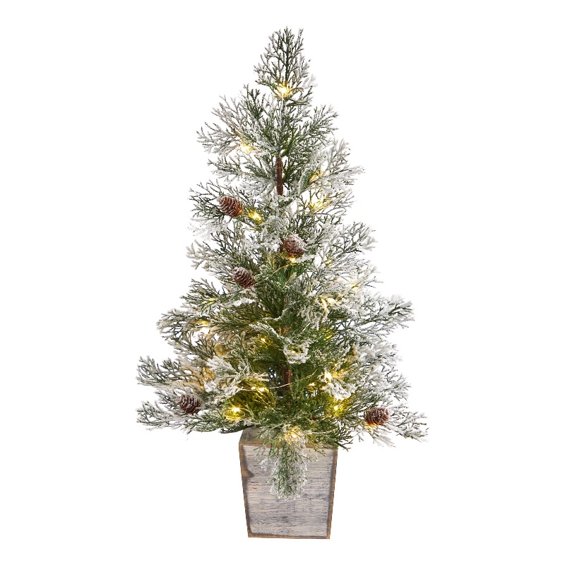 Nearly Natural 2ft Frosted Pre-Lit Green Christmas Tree w/ Pinecones in Planter