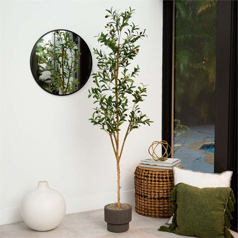 Nearly Natural 6ft Artificial Olive Tree with Natural Trunk in Green