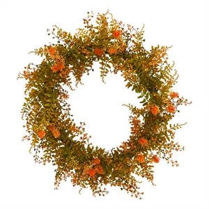 Nearly Natural 21&quot Autumn Fern Artificial Wreath in Orange