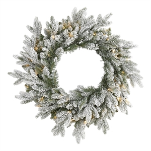 Nearly Natural 24&quot Flocked Artificial Christmas Wreath w/ 50 LED Lights in Green