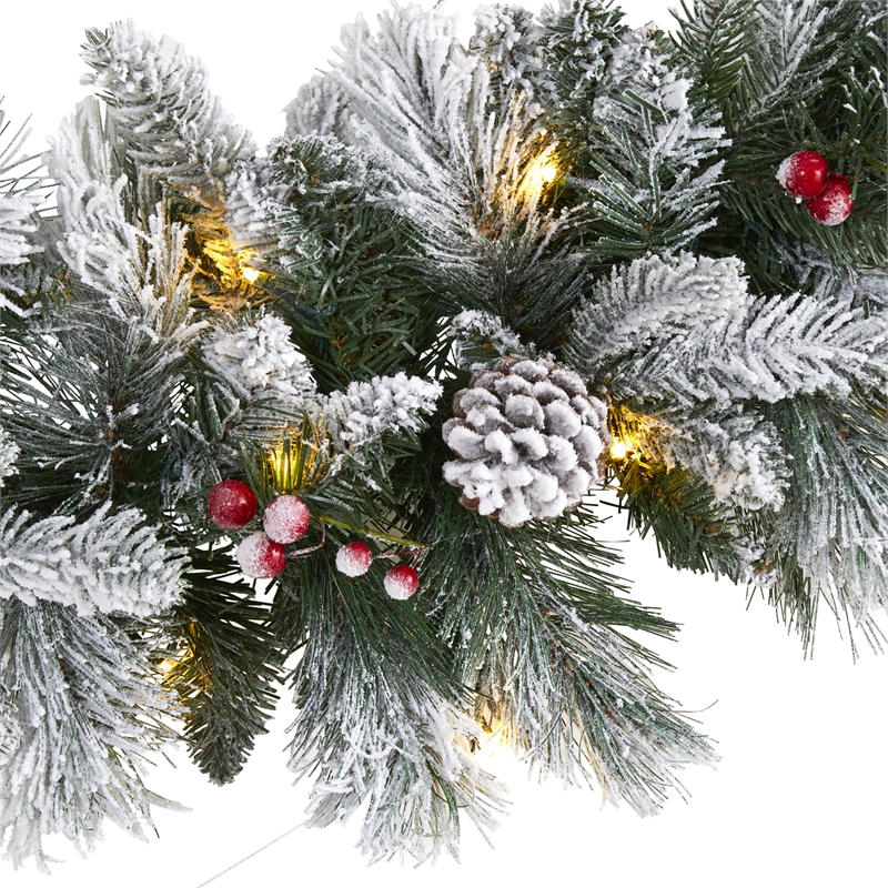 Nearly Natural 6ft Flocked Mixed Pine Christmas Garland w/50 LED Lights in Green