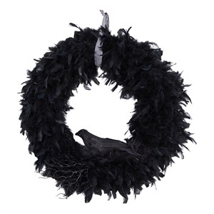 Nearly Natural 30&quot Halloween Raven Feather Wreath in Black