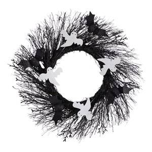 Nearly Natural 22&quot Halloween Ghost & Bats Twig Wreath in Black