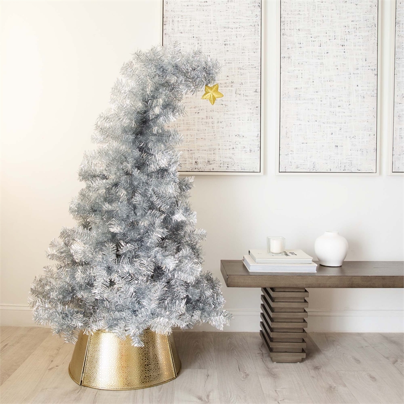 Nearly Natural 5ft Silver Tinsel Holiday Santa'sHat Christmas Tree w/Star Topper