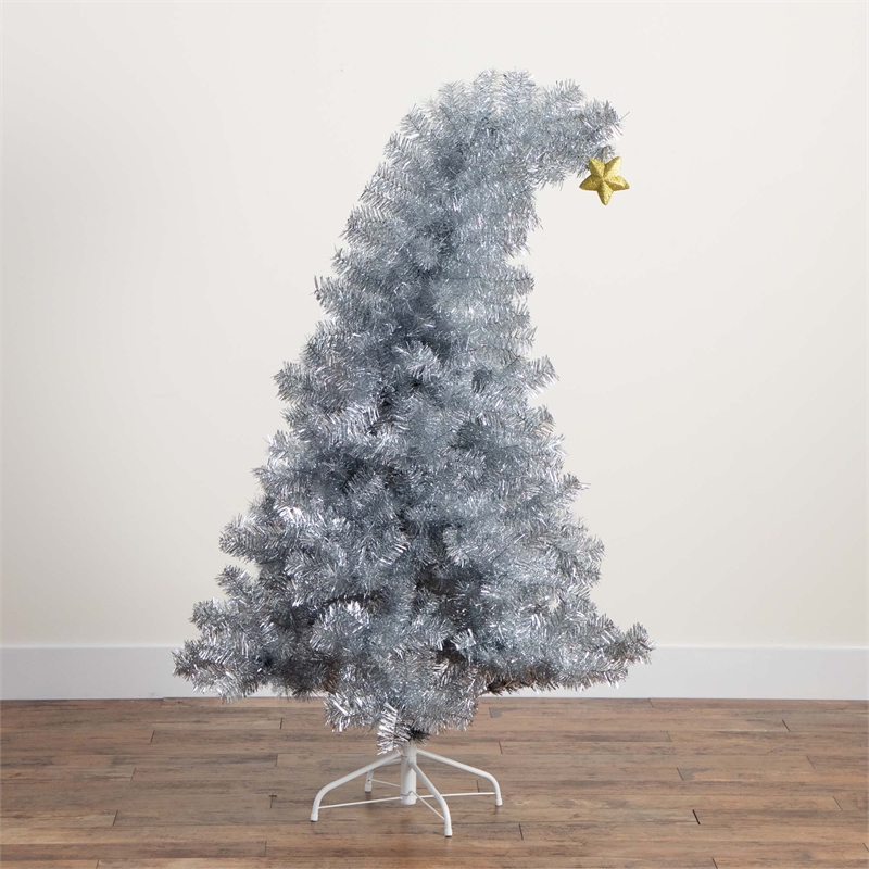 Nearly Natural 5ft Silver Tinsel Holiday Santa'sHat Christmas Tree w/Star Topper