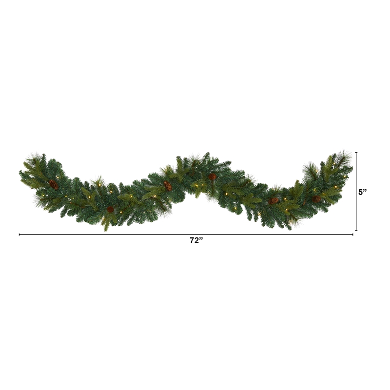 Nearly Natural 6ft Mixed Pine & Pinecone Artificial Garl w/5 Clear LED in Green