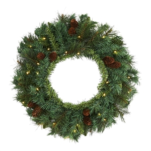 Nearly Natural 20&quot Mixed Pine & Pinecone Christmas Wreath w/ 35 Clear LED Lights