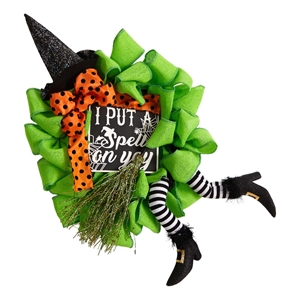 Nearly Natural 26&quot Halloween Witch Broom & Hat Mesh Wreath in Green