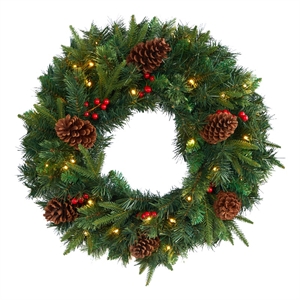 Nearly Natural 24&quot Mixed Pine Christmas Wreath w/35 Clear LED & Berries in Green