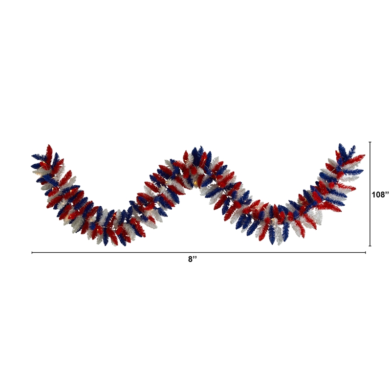 Nearly Natural 9ft Patriotic American Flag Artificial Garland w/50 Warm LED
